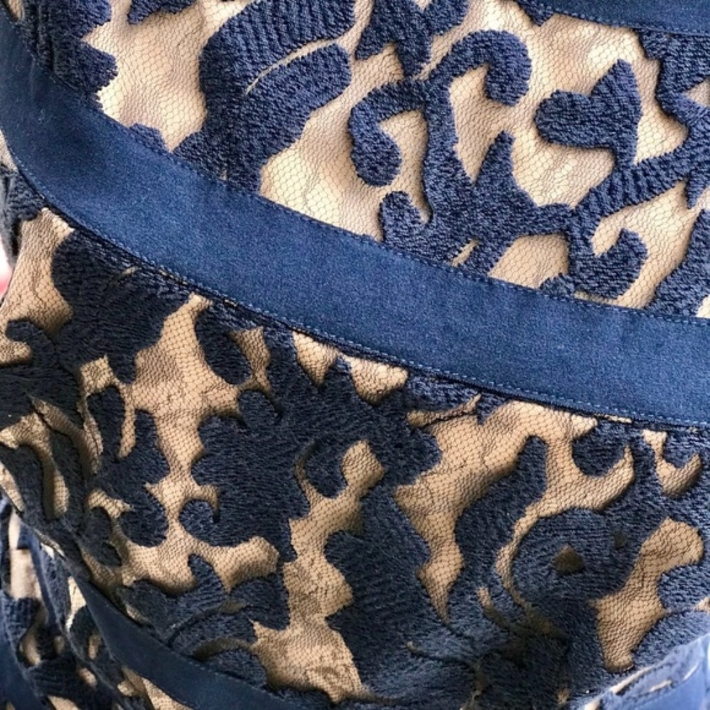 Tadashi Shoji Lace Bandage Dress Blue/Nude - Picture 5 of 8